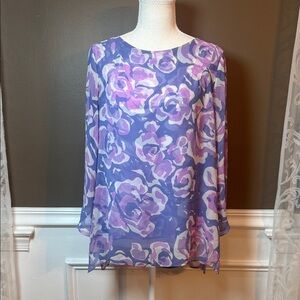 Bob Mackie Chiffon Floral Blouse Pastel Watercolor Boho XS Top